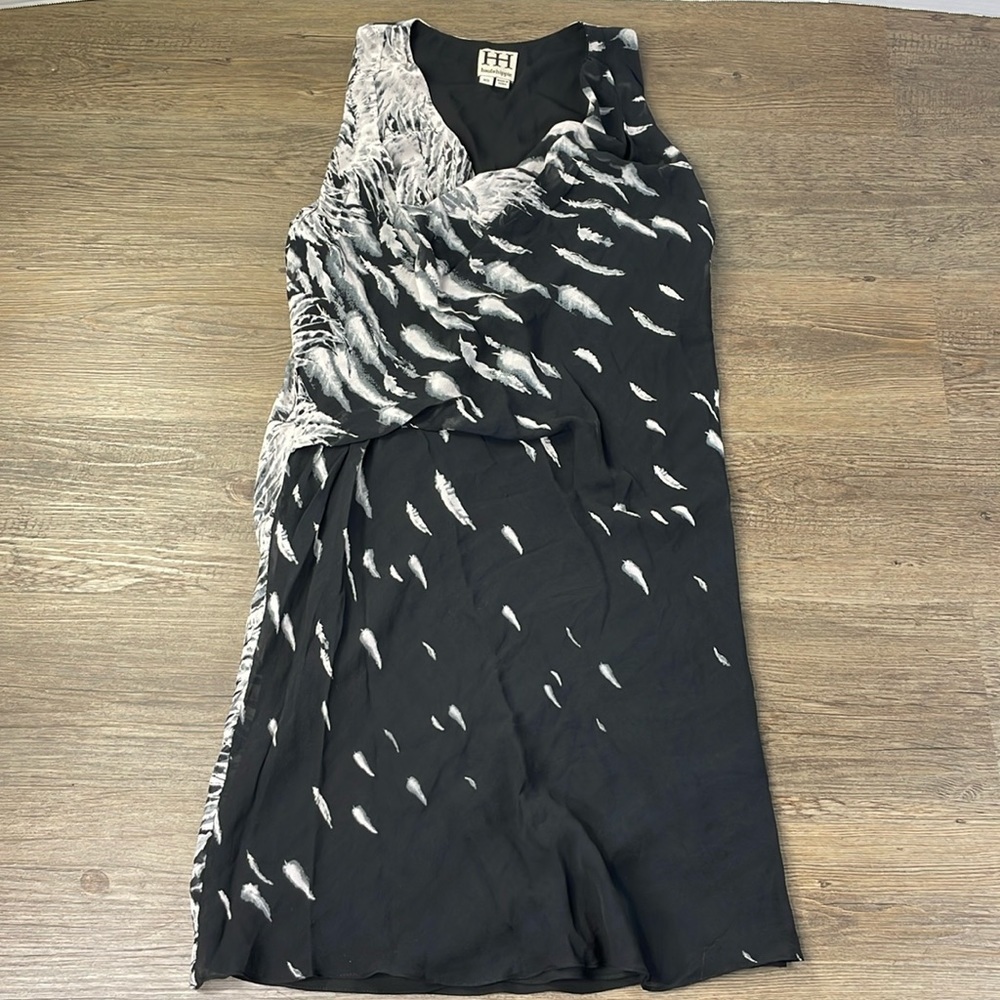 Haute Hippie Women’s Black White Feather Cowl Front Dress 100% Silk, size XS